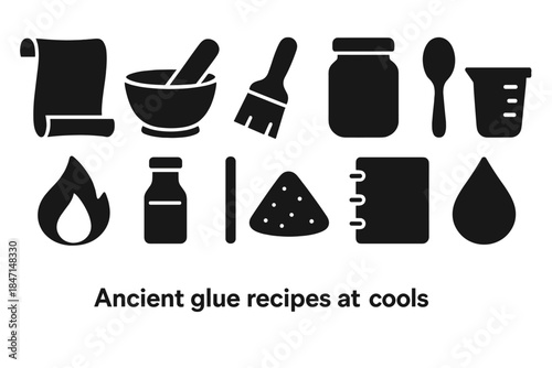 Ancient Glue Icon Set. Solid style icons of ancient glue recipes and tools: parchment scroll, mortar and pestle, brush, jar, spoon