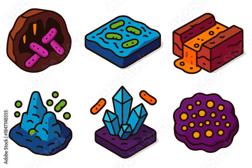 Geomicrobiology Icons. Isometric vector illustration set Geomicrobiology: microbial influence on cave minerals, biofilm mats, acid