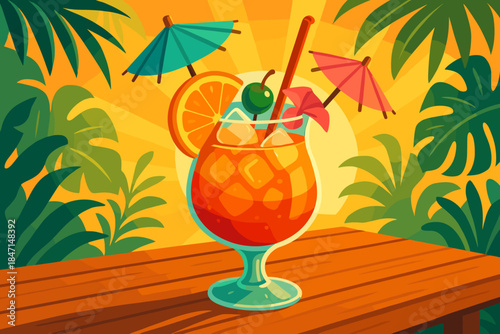 Tropical Cocktail Vibes. Vibrant tropical vector illustration cocktail with colorful umbrellas and garnishes served on a wooden