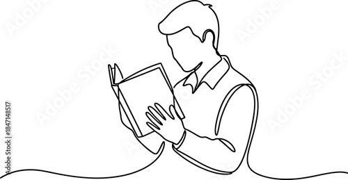 Continuous line drawing of a man reading a book in a simple style