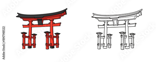 Vector illustration of traditional red and black Japanese Torii gate in two styles a color drawing and a black outline design
