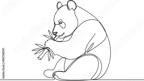 A minimalist line drawing of a bear eating bamboo shoots in a simple style.