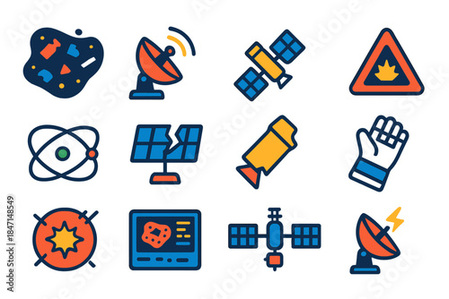 Space Debris Icons. Flat vector icons of Space Junk: floating debris, tracking radar dish, satellite fragment, hazard triangle,