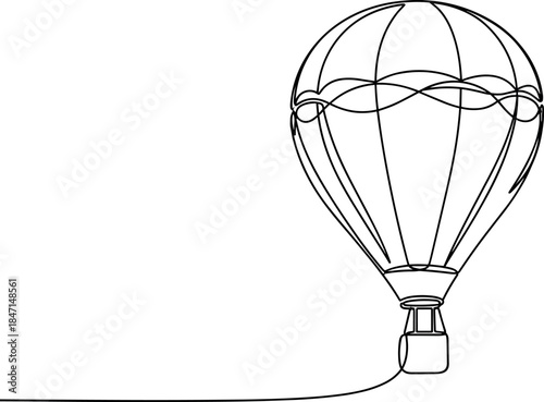 Continuous line drawing of hot air balloon with basket and trailing rope