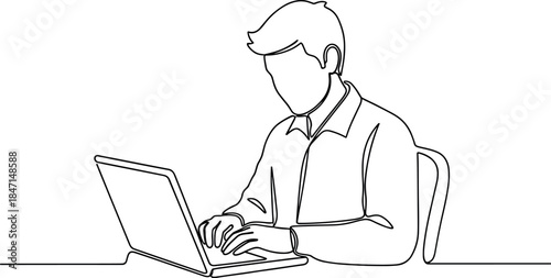 Businessman working on laptop computer in office setting, simple line drawing illustration