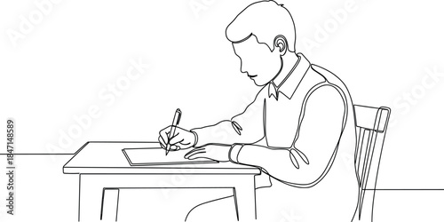 Man sitting at desk writing with pen on paper in a simple line drawing style