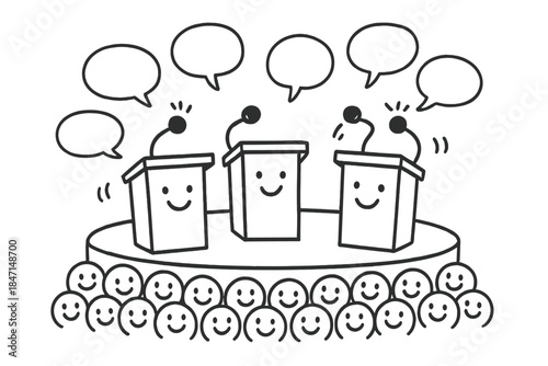 Whimsical Debate Stage. Whimsical doodle debate stage with smiling podiums, cartoon microphones waving, cheerful audience with