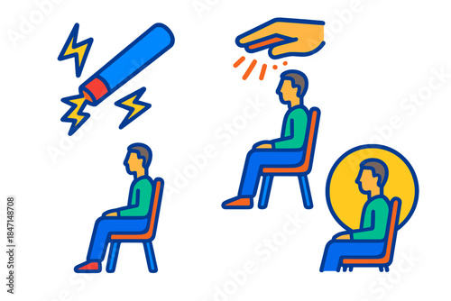 Mesmerism Ritual Tools. Isometric vector illustration set Mesmerism Ritual Tools: Magnetized iron rod, practitioner hand passes,