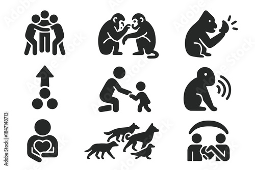 Social Intelligence Icons. Solid style icons of social intelligence: group cooperation, grooming pair, play behavior, coalition