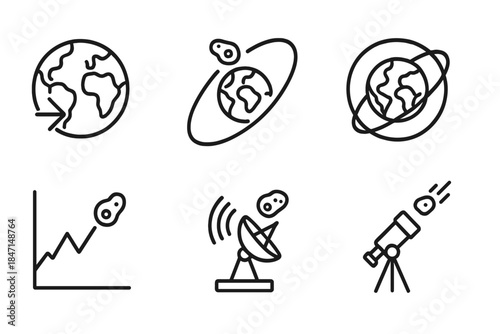 Near-Earth Objects Icons. Line style icons of Near-Earth Objects: Earth with approach arrow, close flyby trajectory, orbital path