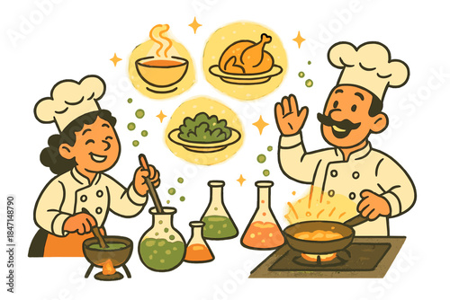Whimsical Kitchen Chemistry. Playful kitchen lab with smiling chefs, bubbling flasks, and glowing dishes floating in the air No