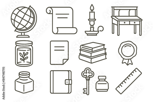 Naturalist Study Essentials. Line style icons of naturalist study: globe, scroll, candle stand, writing desk; specimen jar, paper