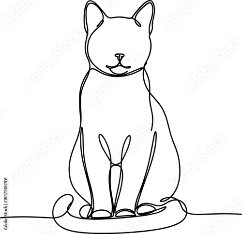 Minimalist Line Drawing of a Sitting Cat with Simple Facial Expression