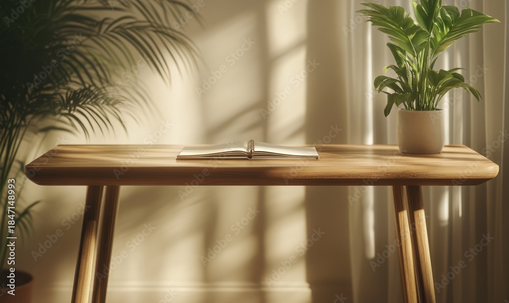 Fototapeta premium Minimalist modern workspace with a sleek wooden desk, bright natural light illuminating a potted plant and notebook, clean and productive office setup, elegant tone,