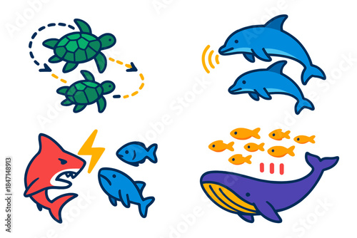 Marine Life Disruption Icons. Isometric vector illustration set Behavioral Impact on Marine Life: Migration disruption path,