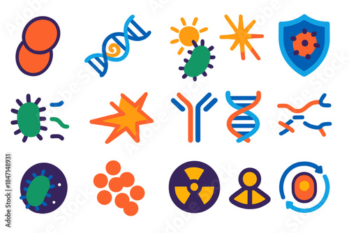 Radiation-Resistant Icons. Flat vector icons of radiation-resistant extremophiles: Deinococcus radiodurans cell, DNA repair loop,