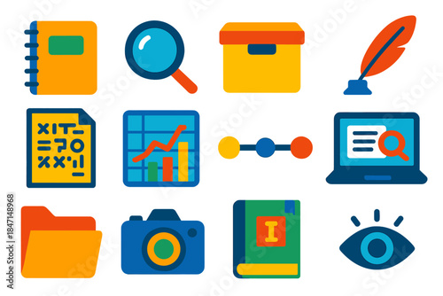 Cryptography Research Icons. Flat vector icons of archival and historical cryptography research: field notebook, magnifying glass,