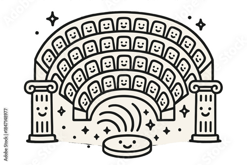 Joyful Ancient Amphitheater. Adorable doodle ancient amphitheater with smiling seats, cartoon waves traveling from stage to