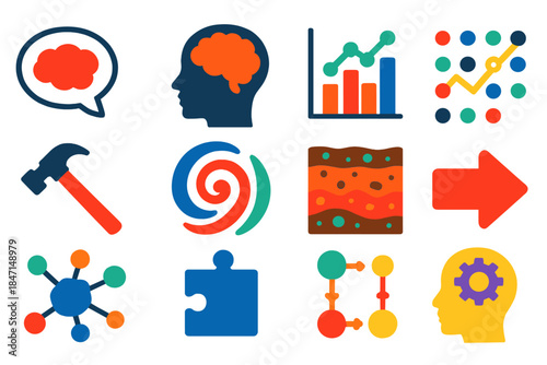 Ancient Thought Icons. Flat vector icons of inferring ancient thought from artifacts: thought bubble, brain silhouette, analytical