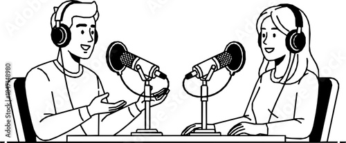 Podcast recording studio with man and woman podcasting concept
