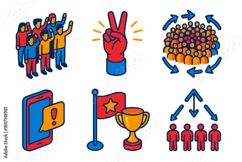 Flash Mob Dynamics. Isometric vector illustration set Social coordination in flash mobs: synchronized participants, hand gesture