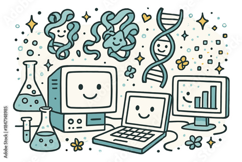 Whimsical Lab Doodles. Whimsical doodle laboratory with smiling computers, cartoon proteins twisting into happy folded shapes, DNA