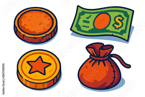 Obsolete Currency Artifacts. Isometric vector illustration set Obsolete Currency Artifacts: Worn copper coin, discontinued paper