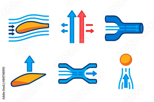 Bernoulli's Principle Illustrated. Isometric vector illustration set Bernoulli’s Principle: airfoil cross-section, pressure