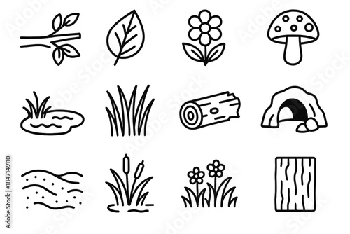 Insect Habitat Icons. Line style icons of insect habitats: tree branch, leaf, flower, mushroom; pond edge, tall grass, rotten log,