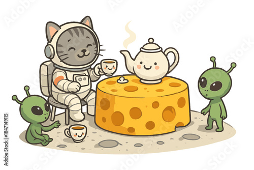 Lunar Cat Tea Party. Cat astronaut tea party on the Moon with cheese table, smiling teapots, and curious aliens No text, No labels