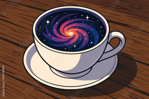 Galaxy in Teacup. Artistic depiction of a vector illustration galaxy inside a teacup placed on a rustic wooden table, vibrant
