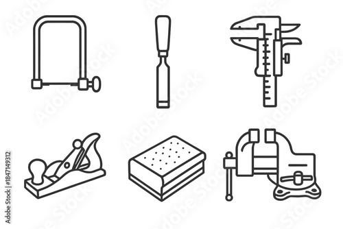 Luthiery Tool Icons. Line style icons of Luthiery Tools: fret saw, chisel, measuring caliper, wood plane, sanding block, workbench