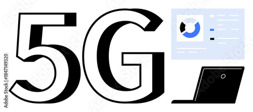 5G technology, wireless communication, internet speed, data analytics, modern business, digital connectivity. Bold 5G text with a data dashboard and laptop icon. 5G technology and wireless