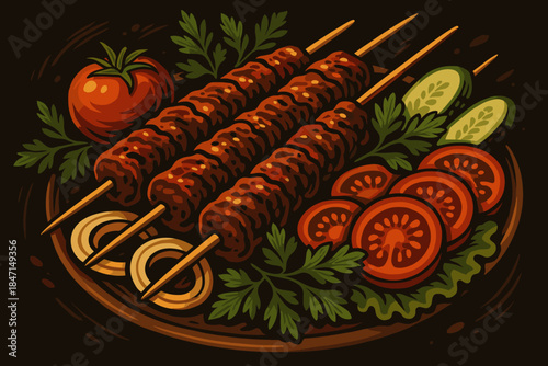 Grilled Kebabs Delight. Juicy grilled kebabs served with fresh vegetables and garnished with herbs, rich vector illustration