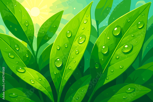 Raindrop-Kissed Green Leaves. Close-up of vibrant vector illustration green leaves with raindrops glistening under sunlight,