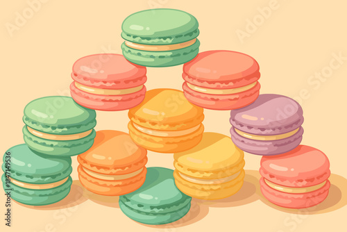 Vibrant Macaron Delight. Playful still life of colorful macarons stacked in a vibrant pattern, vector illustration soft natural
