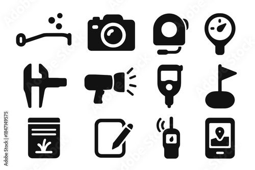 Underwater Survey Tools. Solid style icons of Underwater survey tools: transect line, underwater camera, measuring tape, caliper,
