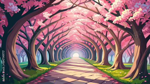 Romantic pink tree tunnel in South Korea, formed by blooming cherry blossoms creating a floral canopy over a quiet pathway, capturing soft spring light and dreamy seasonal atmosphere