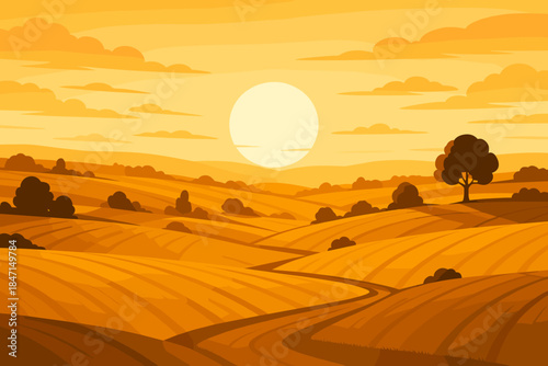 Golden Countryside Sunset. Golden sunset illuminating a vast countryside landscape with vector illustration rolling fields, serene