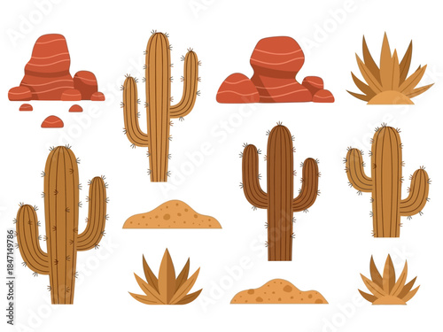 Set of desert plants and cacti icons, saguaro and other succulents, isolated on