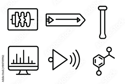 Mass Spec Icons. Line style icons of Mass Spec Instrumentation: ion trap, flight tube, sample inlet, data processing screen,