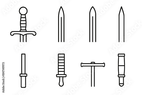 Blade Anatomy Icons. Line style icons of blade anatomy: hilt, guard, blade edge, fuller; pommel, ricasso, quillon, tip; tang, grip