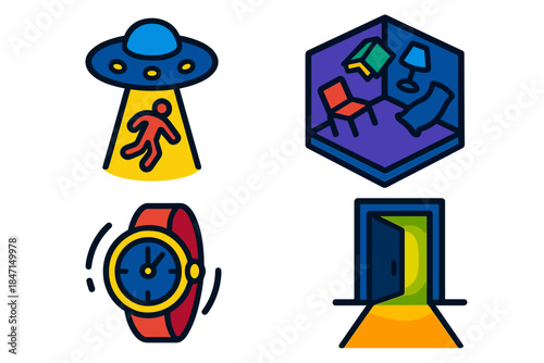 Abduction Symbols Collection. Isometric vector illustration set Abduction Scenario Symbols: Tractor beam pulling figure, floating