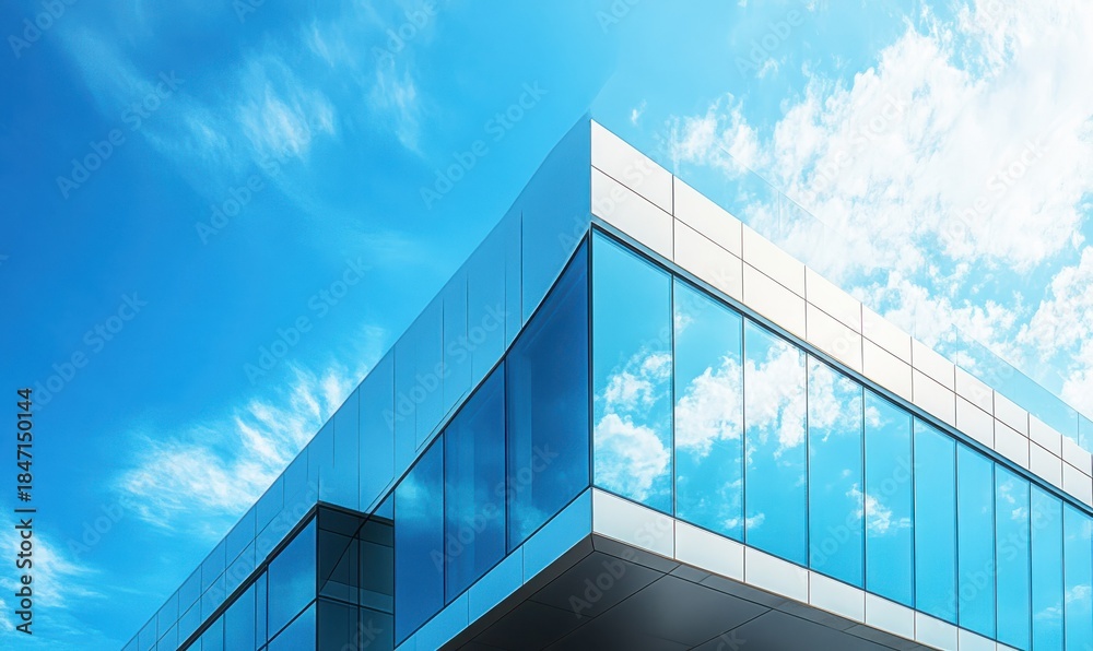 Fototapeta premium Modern home exterior with sleek minimalist architecture, large glass windows reflecting the bright blue sky