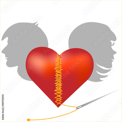 A broken heart stitched with gold thread 