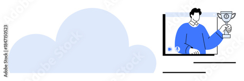 Man holding a trophy on a computer screen with a cloud motif, representing online success, digital recognition, remote achievements, and cloud-based connectivity. Ideal for innovation, networking