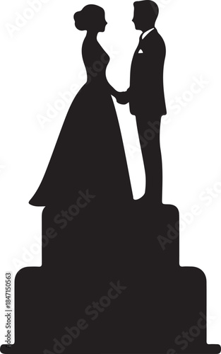 Silhouette of a loving bride and groom wedding couple holding hands on a cake topper, symbolizing marriage, love, and union.