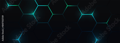 Dark hexagonal abstract technology background with blue and green colored bright flashes under hexagon. Honeycomb gaming vector tech illustration black wide abstract background.