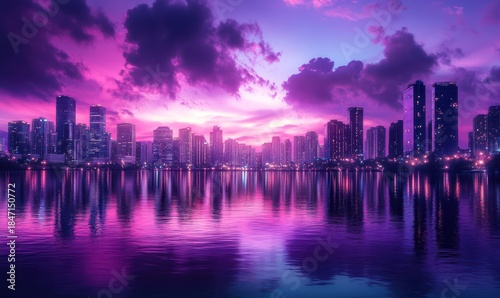 Wallpaper Mural Night cityscape with vibrant purple and pink hues reflecting on the water, dramatic clouds creating depth Torontodigital.ca