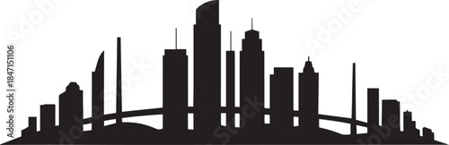 Diverse city skyline silhouette with tall skyscrapers and elevated roadway illustration